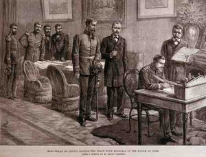 El rey Milán de Servia firmando la paz con Bulgaria en el Konak en Nish, de The Illustrated London News, 4 de marzo de 1886